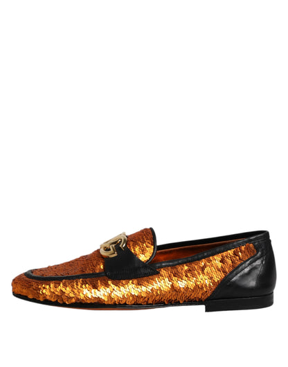 Dolce & Gabbana Men's Calf & Lambskin Leather Polyester Silk Loafer Slip-On Strap Shoes - Black Gold Orange