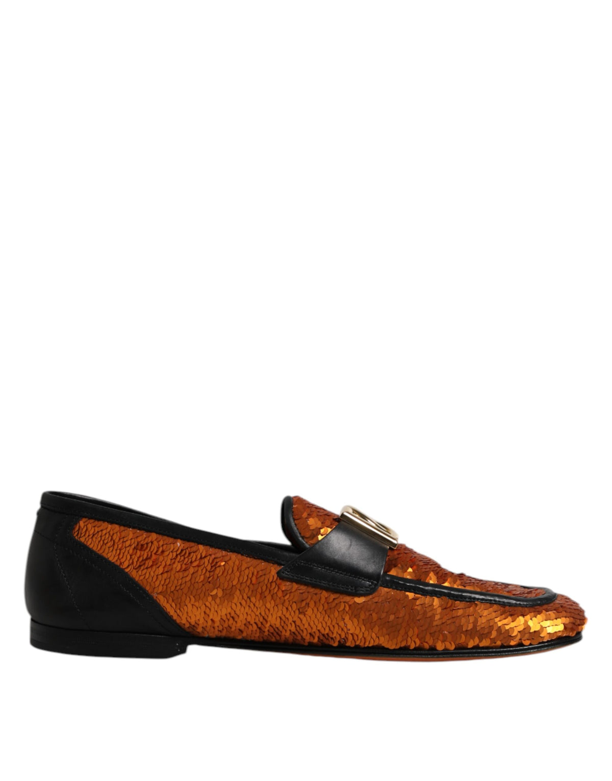 Dolce & Gabbana Men's Calf & Lambskin Leather Polyester Silk Loafer Slip-On Strap Shoes - Black Gold Orange