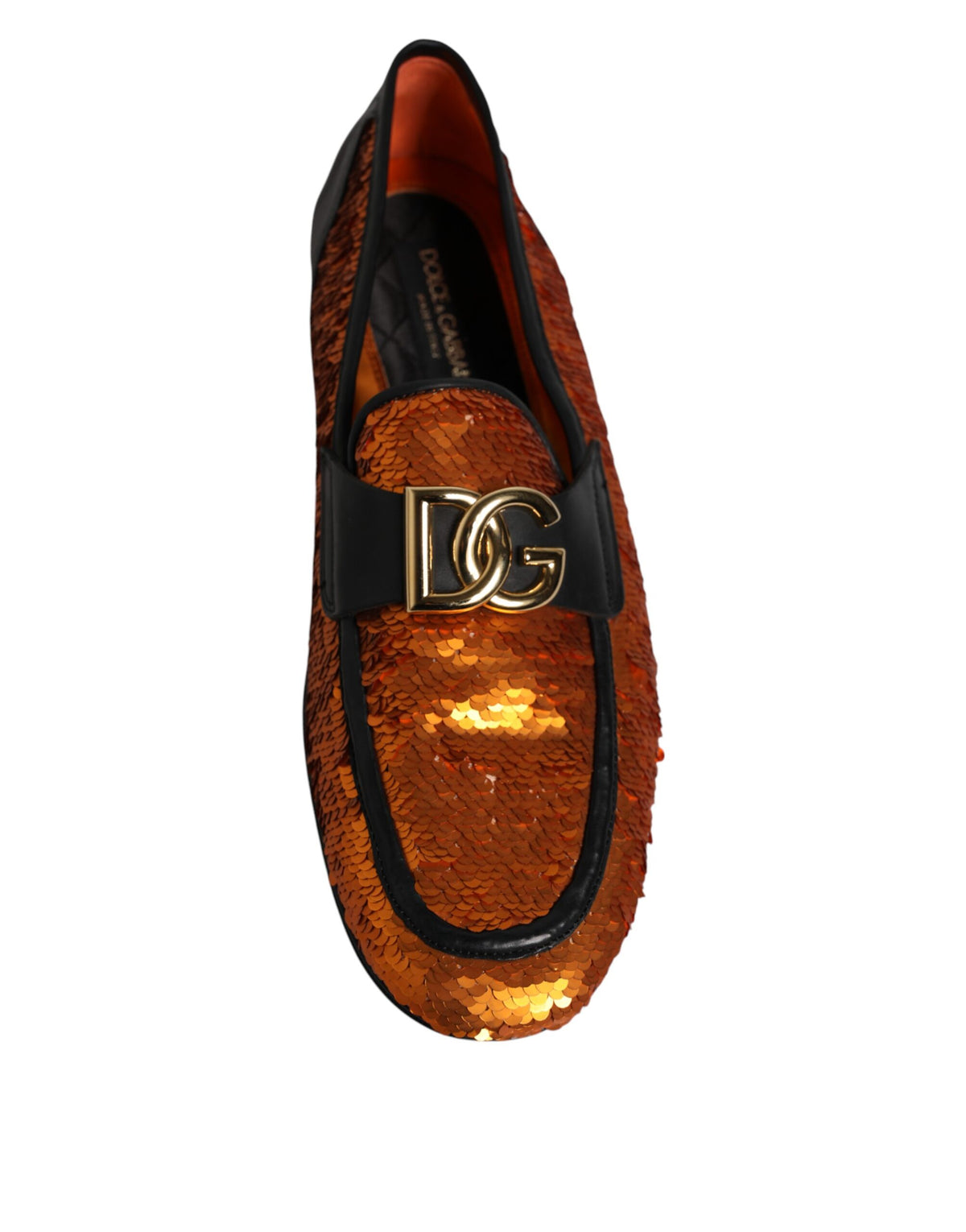 Dolce & Gabbana Men's Calf & Lambskin Leather Polyester Silk Loafer Slip-On Strap Shoes - Black Gold Orange