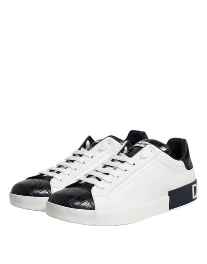 Dolce & Gabbana Men's Fashion Calfskin Crocodile Leather & Rubber Sneakers - Black White