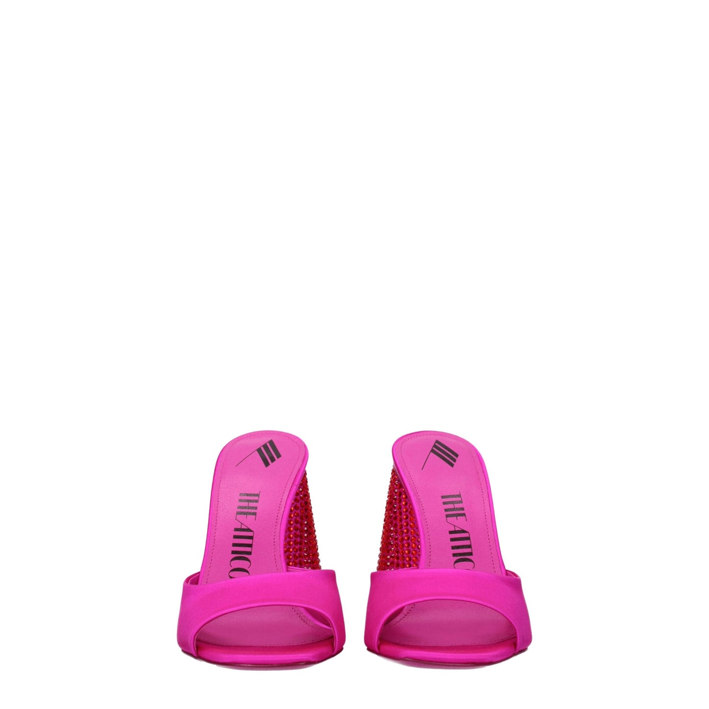 Very-High-Heel Sandals by The Attico for women in leather & satin fuchsia, pink & red showcases a sculptural silhouette as Women's Leather & Satin Very-High-Heel Sandals, defined by a sculptural high-heel 11-cm-heel very-high-heel and sculptural open toe style for a sculptural look.
