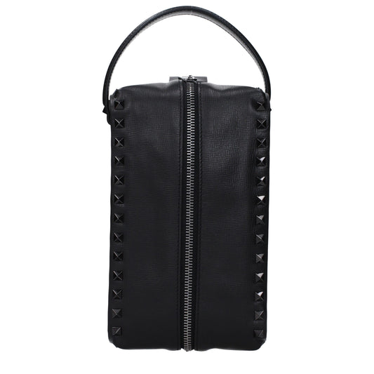 Small Clutch Handbag by Valentino Garavani for men in leather black features a statuesque silhouette, showcasing a secure zipper and organized external-pockets with versatile shoulder-strap, adjustable-strap & handle for statuesque evening wear.