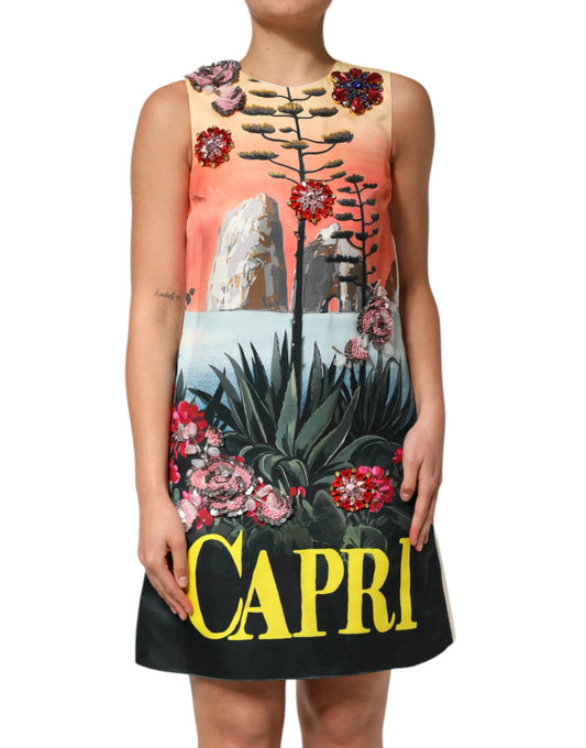 Dolce & Gabbana Women's A Line Sleeveless Acetate Crystal & Silk Mini Dress - Multicolor Print