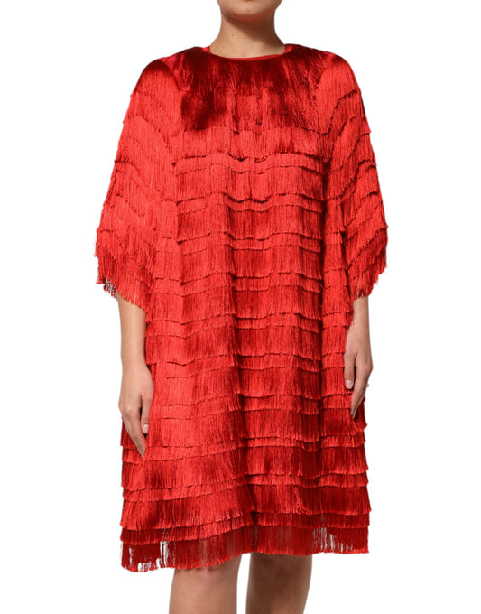 Dolce & Gabbana Red Silk Tiers Fringe Shift Knee Length Dress