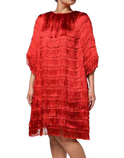 Dolce & Gabbana Women's Shift Round Neck Silk Knee Dress - Red