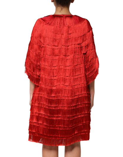 Dolce & Gabbana Women's Shift Round Neck Silk Knee Dress - Red