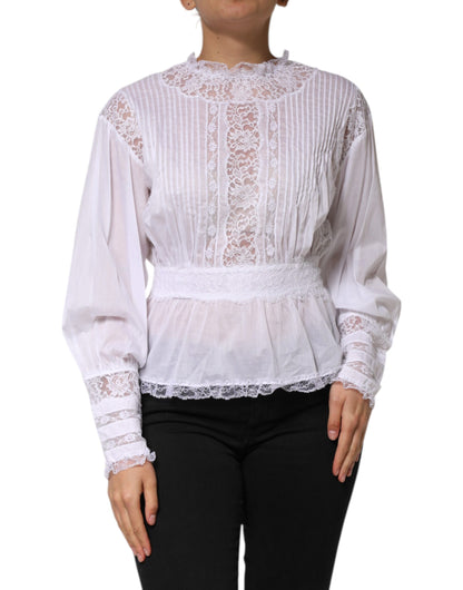 Dolce & Gabbana Women's Long-Sleeve Cotton Nylon Viscose & Lace Blouse - White Floral