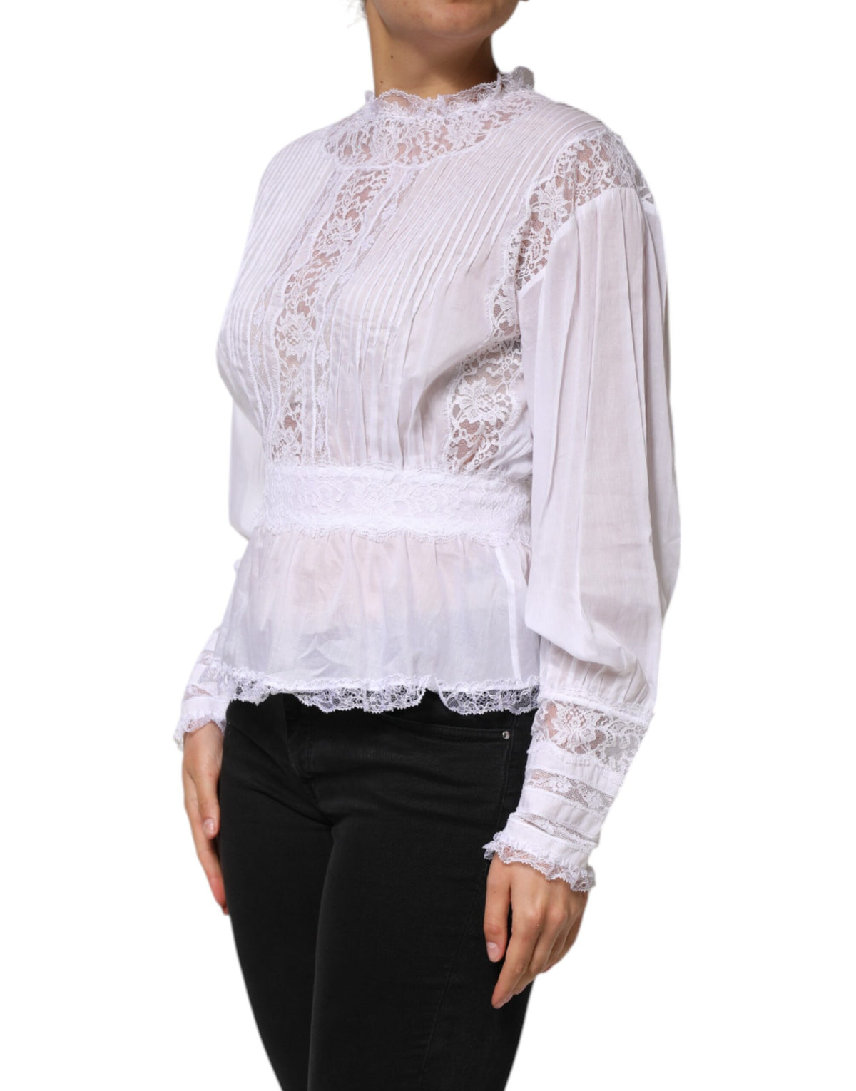 Dolce & Gabbana Women's Long-Sleeve Cotton Nylon Viscose & Lace Blouse - White Floral