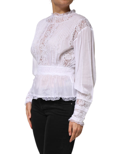 Dolce & Gabbana Women's Long-Sleeve Cotton Nylon Viscose & Lace Blouse - White Floral