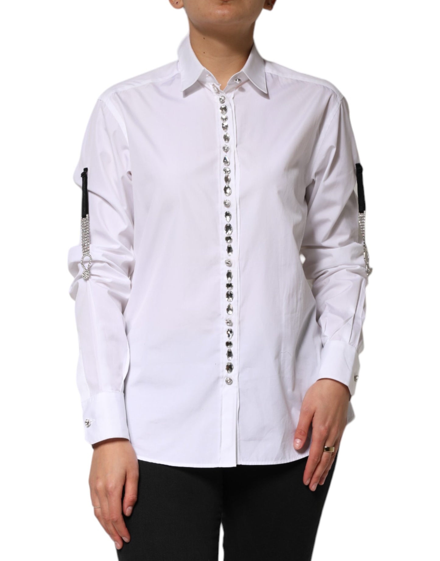 Dolce & Gabbana White Crystal Embellished Collared Shirt Top