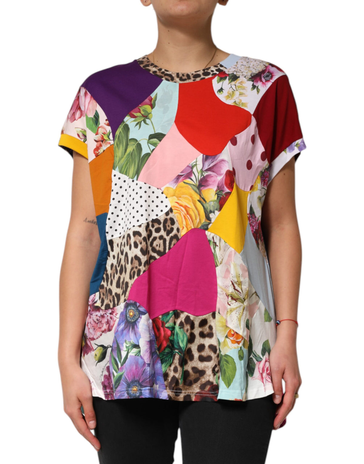 Dolce & Gabbana Women's Short-Sleeve Round Neck Cotton & Silk Blouse - Multicolor Patchwork