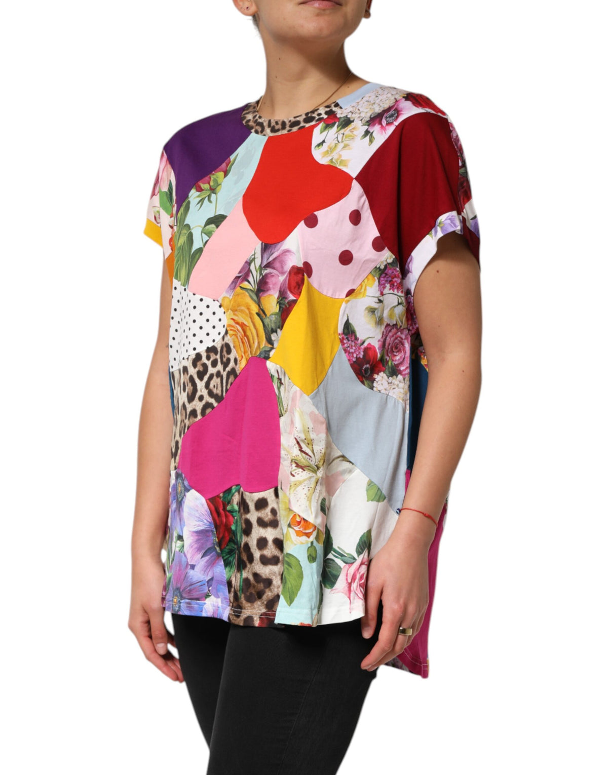 Dolce & Gabbana Women's Short-Sleeve Round Neck Cotton & Silk Blouse - Multicolor Patchwork