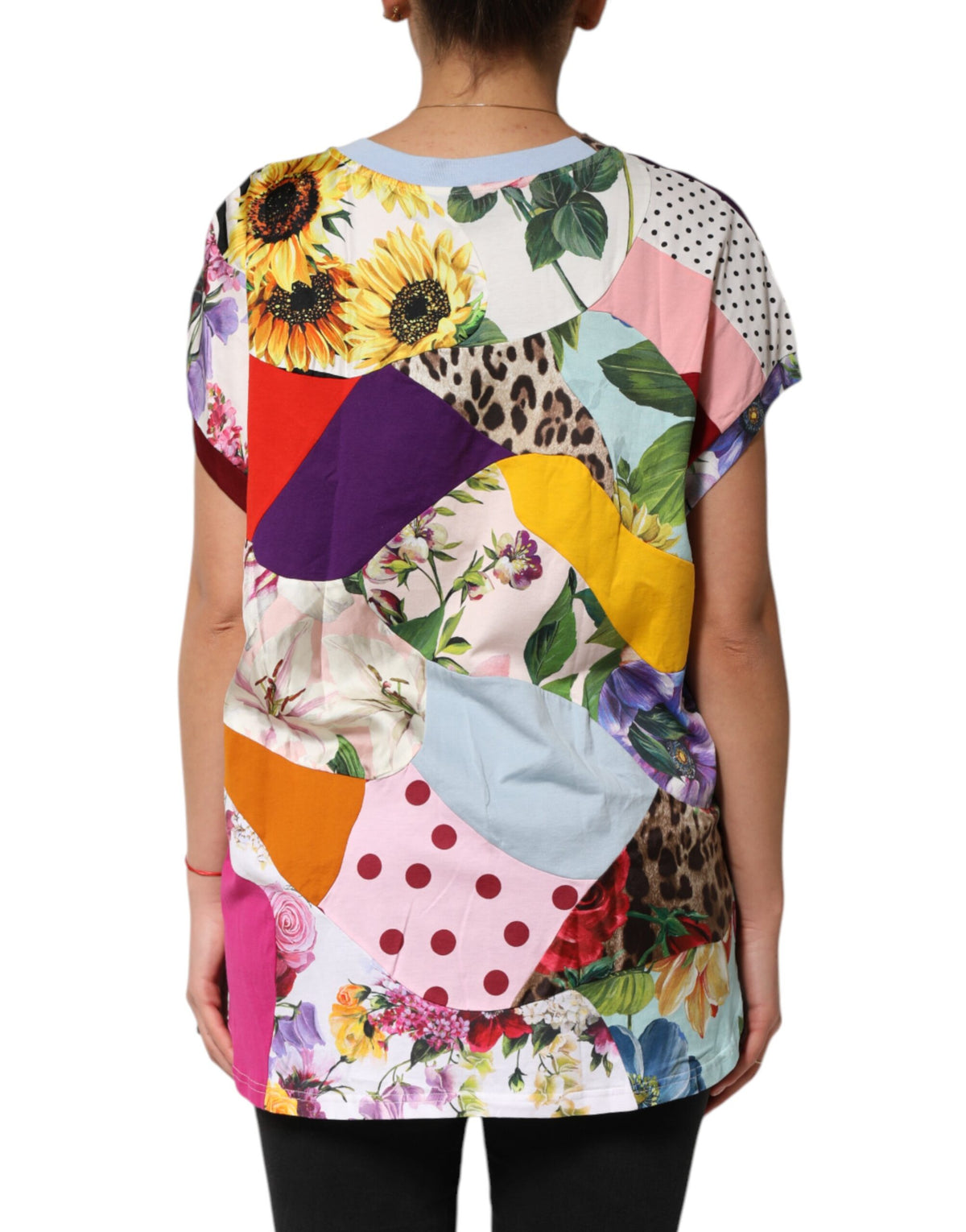 Dolce & Gabbana Women's Short-Sleeve Round Neck Cotton & Silk Blouse - Multicolor Patchwork