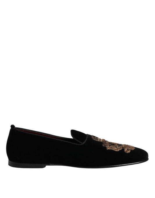 Dolce & Gabbana Men's Cotton Polyester Leather & Velvet Loafer Shoes - Black Gold