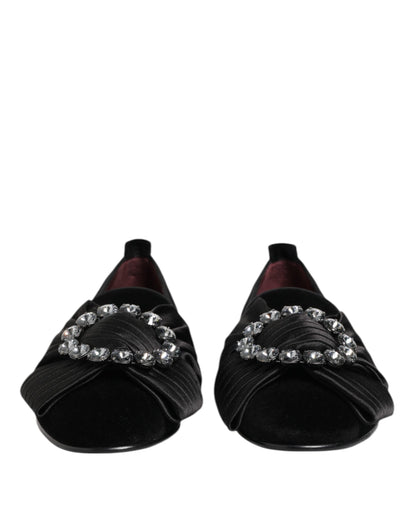 Dolce & Gabbana Ribbon Women's Cotton Velvet Silk Leather & Crystal Loafers Flat Shoes - Black Gold