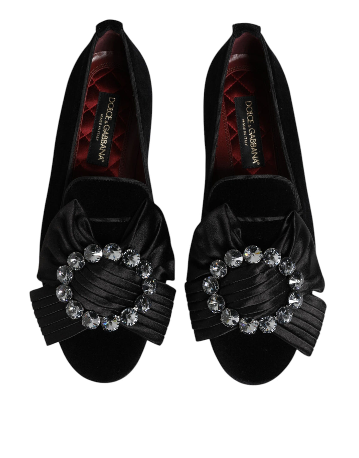 Dolce & Gabbana Ribbon Women's Cotton Velvet Silk Leather & Crystal Loafers Flat Shoes - Black Gold