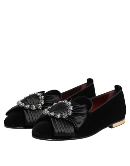 Dolce & Gabbana Ribbon Women's Cotton Velvet Silk Leather & Crystal Loafers Flat Shoes - Black Gold