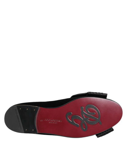 Dolce & Gabbana Ribbon Women's Cotton Velvet Silk Leather & Crystal Loafers Flat Shoes - Black Gold