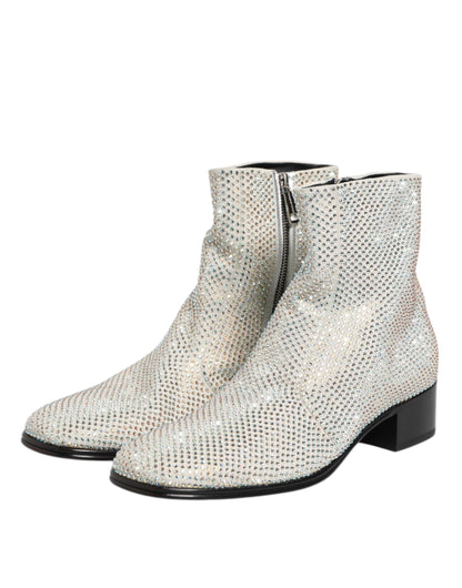 Dolce & Gabbana Men's Polyamide Polyester Leather & Crystal Ankle Boots - Gray Silver White