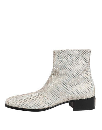 Dolce & Gabbana Men's Polyamide Polyester Leather & Crystal Ankle Boots - Gray Silver White