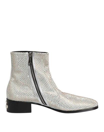 Dolce & Gabbana Men's Polyamide Polyester Leather & Crystal Ankle Boots - Gray Silver White