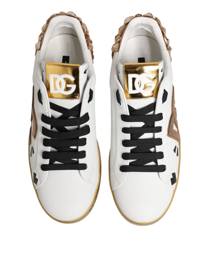 Dolce & Gabbana Men's Low Top Calfskin Leather & Crystal Sneakers - Gold White