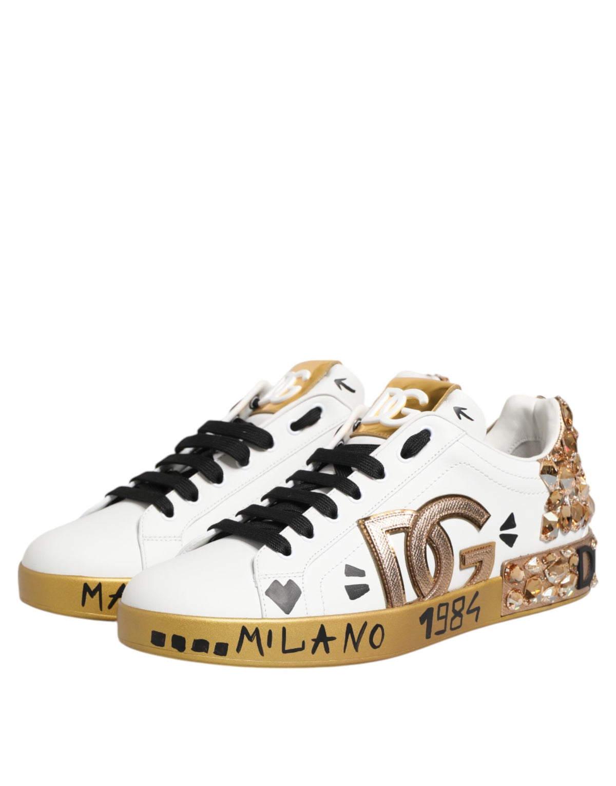 Dolce & Gabbana Men's Low Top Calfskin Leather & Crystal Sneakers - Gold White