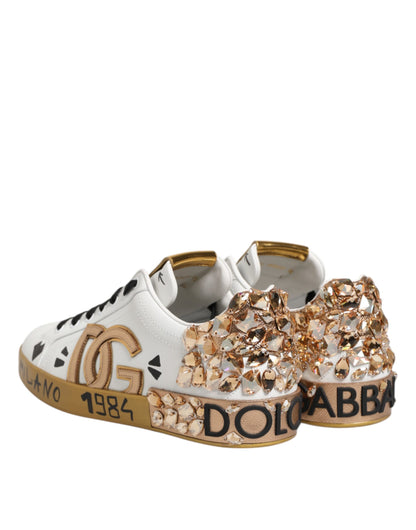 Dolce & Gabbana Men's Low Top Calfskin Leather & Crystal Sneakers - Gold White
