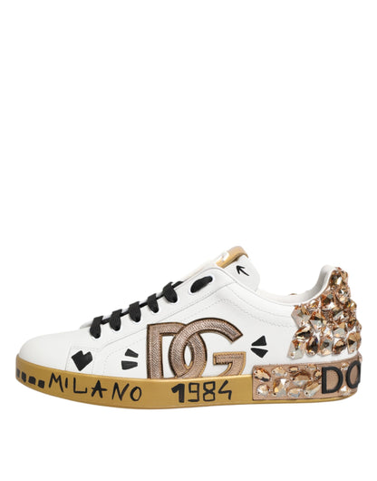 Dolce & Gabbana Men's Low Top Calfskin Leather & Crystal Sneakers - Gold White