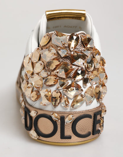 Dolce & Gabbana Men's Low Top Calfskin Leather & Crystal Sneakers - Gold White