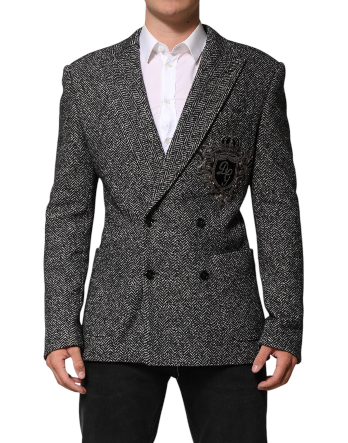 Dolce & Gabbana Men's Double Breasted Viscose Polyester Cotton Wool Blazer - Black White