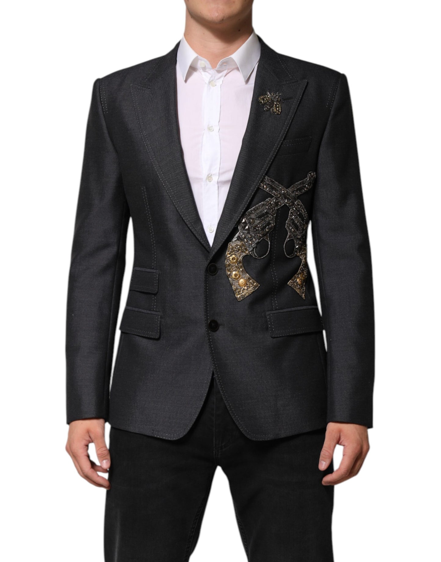 Dolce & Gabbana Dark Gray Bee Embroidery Wool Coat Blazer