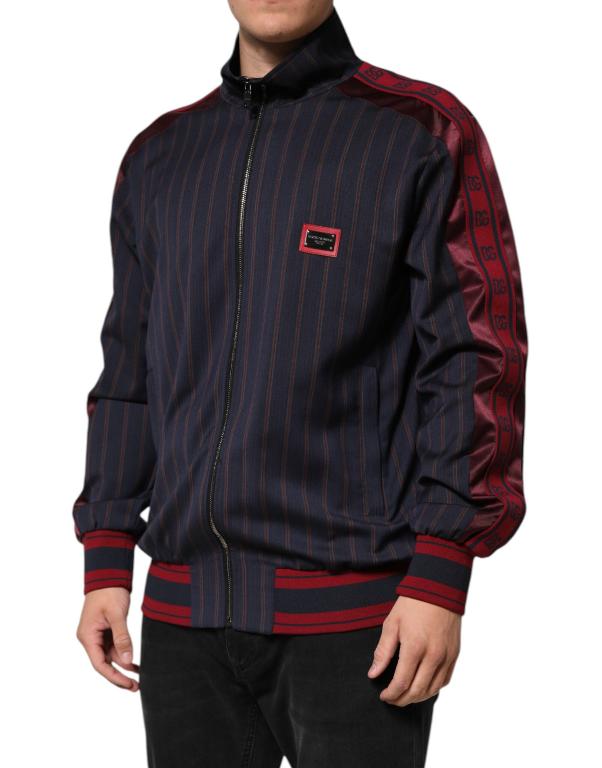 Dolce & Gabbana Track Men's Polyester & Virgin Wool Jacket - Black Blue Red Patterned Pinstripe Striped