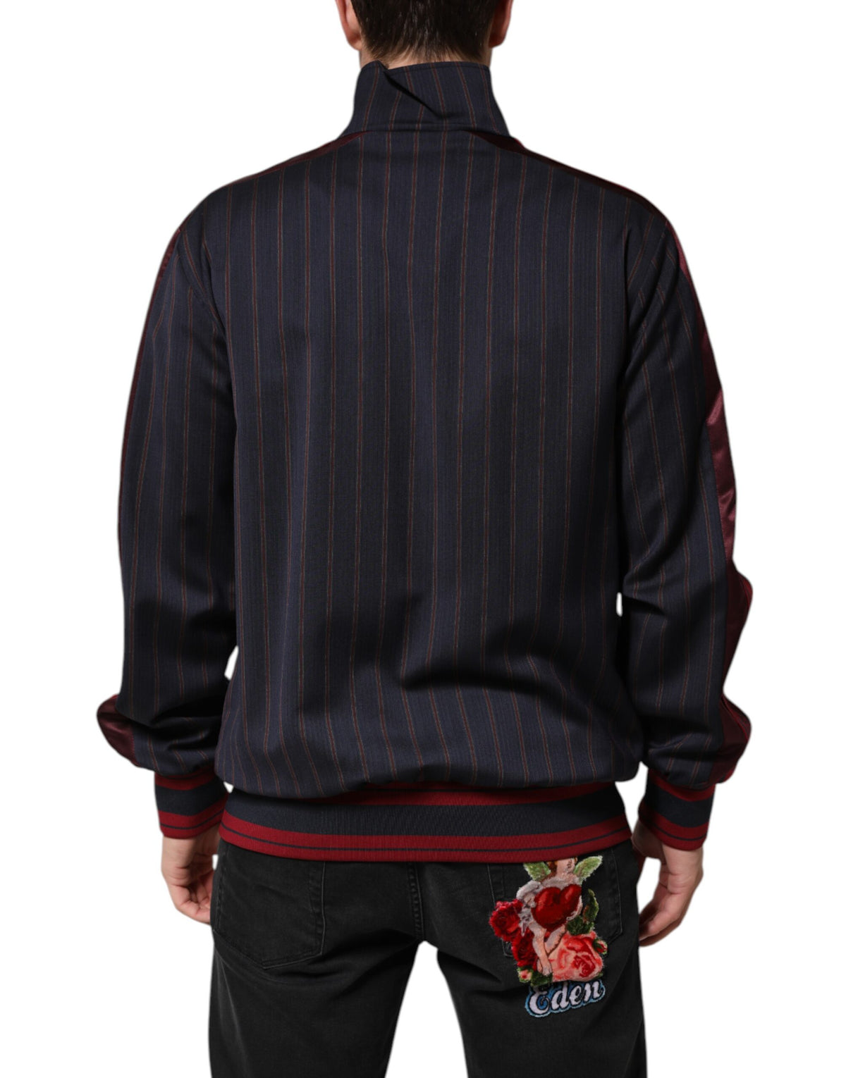Dolce & Gabbana Track Men's Polyester & Virgin Wool Jacket - Black Blue Red Patterned Pinstripe Striped