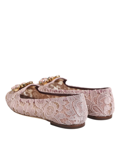 Dolce & Gabbana Pink Taormina Lace Crystals Flats Shoes