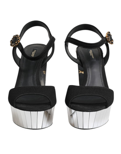 Dolce & Gabbana Women's Crystal Leather Viscose & Wool Ankle Strap Sandals - Black Silver