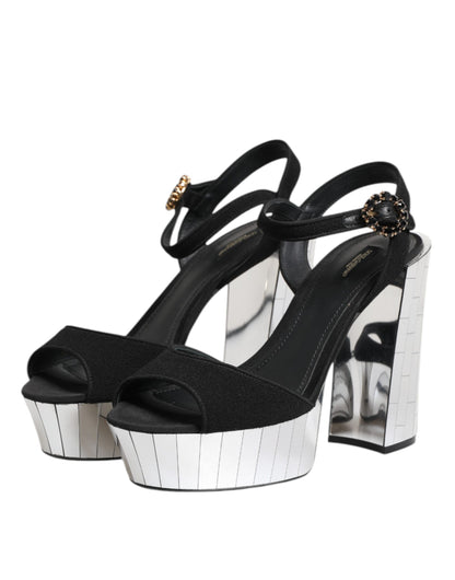 Dolce & Gabbana Women's Crystal Leather Viscose & Wool Ankle Strap Sandals - Black Silver