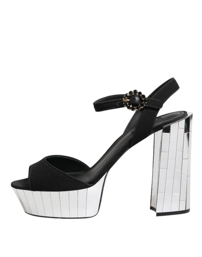 Dolce & Gabbana Women's Crystal Leather Viscose & Wool Ankle Strap Sandals - Black Silver