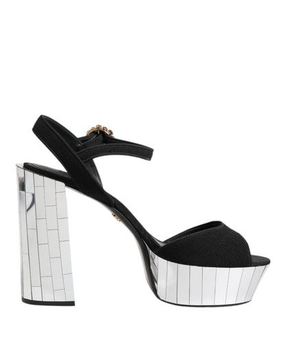Dolce & Gabbana Women's Crystal Leather Viscose & Wool Ankle Strap Sandals - Black Silver