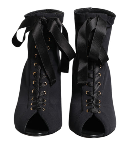 Dolce & Gabbana Women's Nylon Polyester Elastane & Leather Stiletto Lace-Up Ankle Boots - Black