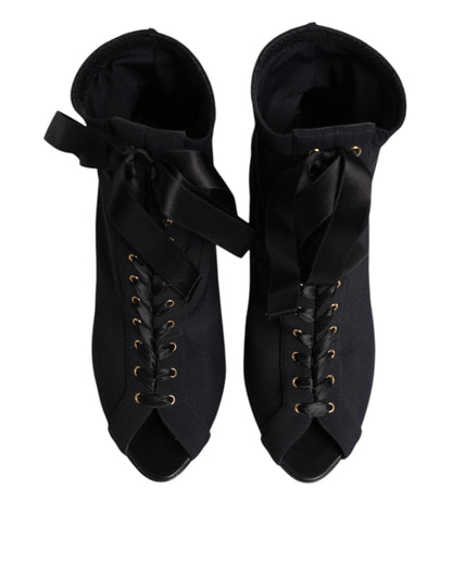 Dolce & Gabbana Women's Nylon Polyester Elastane & Leather Stiletto Lace-Up Ankle Boots - Black