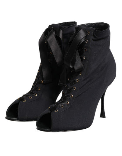 Dolce & Gabbana Women's Nylon Polyester Elastane & Leather Stiletto Lace-Up Ankle Boots - Black
