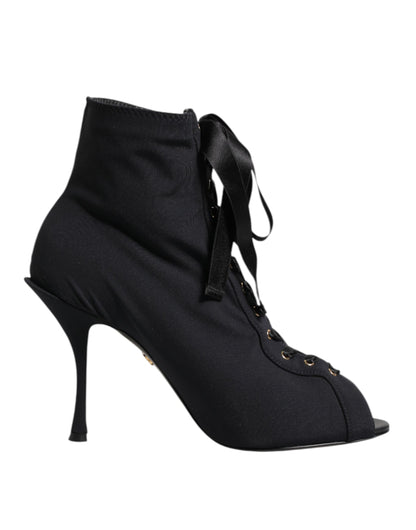 Dolce & Gabbana Women's Nylon Polyester Elastane & Leather Stiletto Lace-Up Ankle Boots - Black