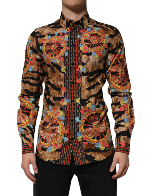 Dolce & Gabbana Men's Long-Sleeve Cotton Dress Shirt - Animal Gold Multicolor Print