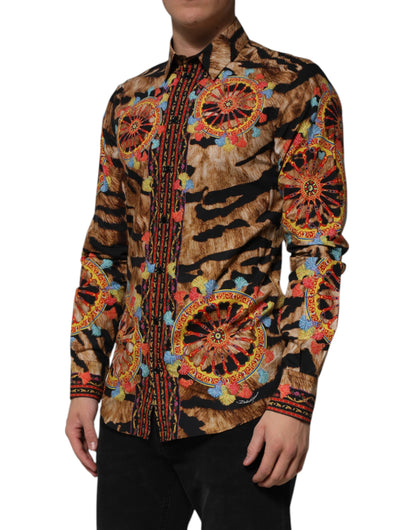 Dolce & Gabbana Men's Long-Sleeve Cotton Dress Shirt - Animal Gold Multicolor Print