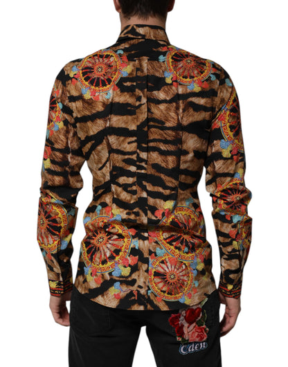 Dolce & Gabbana Men's Long-Sleeve Cotton Dress Shirt - Animal Gold Multicolor Print