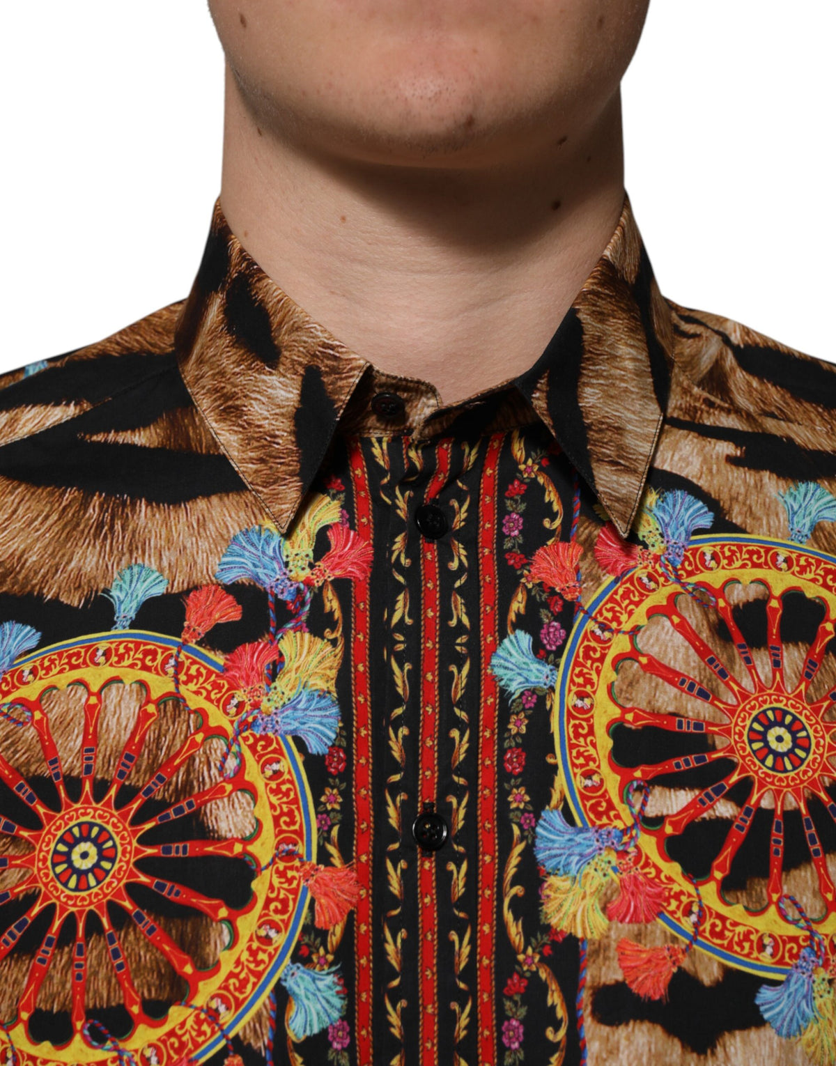 Dolce & Gabbana Men's Long-Sleeve Cotton Dress Shirt - Animal Gold Multicolor Print