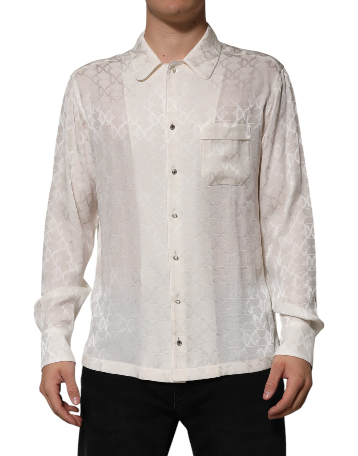 Dolce & Gabbana Men's Long-Sleeve Silk Dress Shirt - White Print