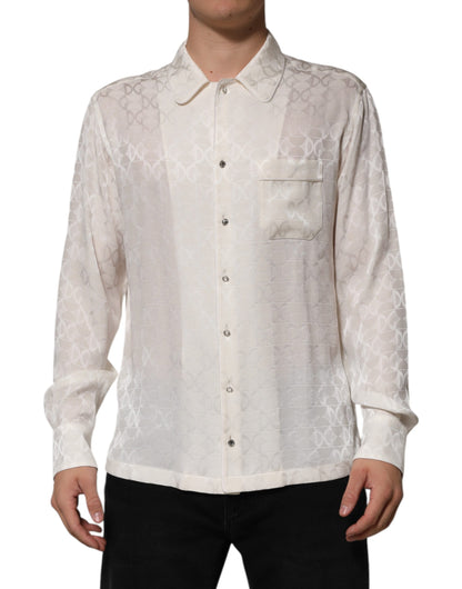 Dolce & Gabbana Men's Long-Sleeve Silk Dress Shirt - White Print