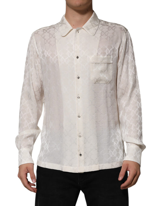 Dolce & Gabbana Men's Long-Sleeve Silk Dress Shirt - White Print